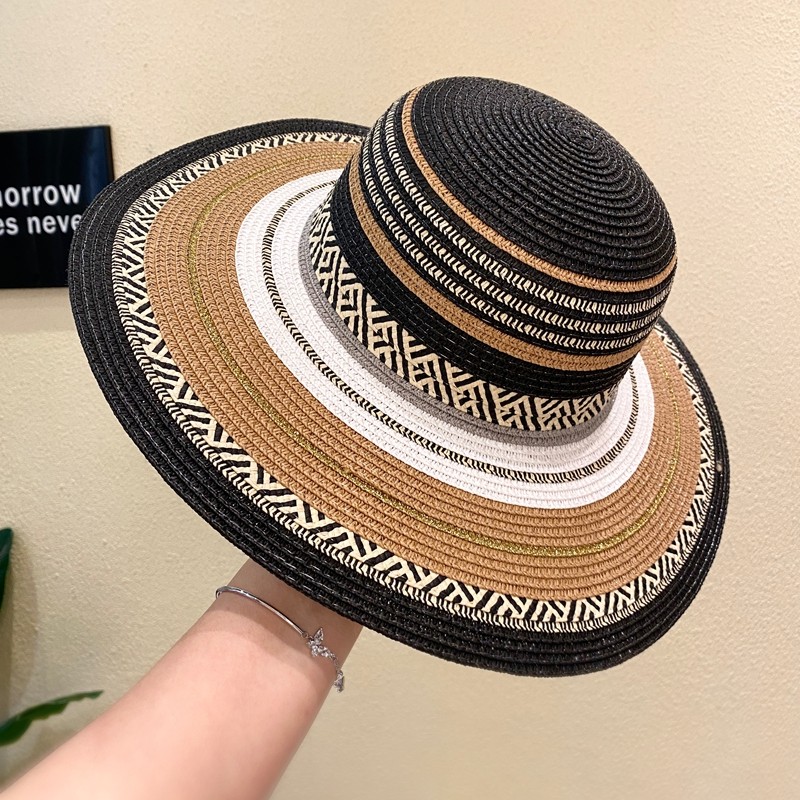 网红度假风拼色大檐遮阳防晒帽可折叠度假旅行草帽复古时尚渔夫帽