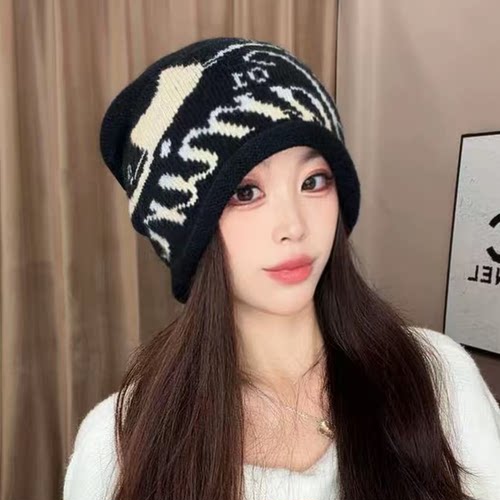 秋冬保暖提花针织堆堆帽显脸小