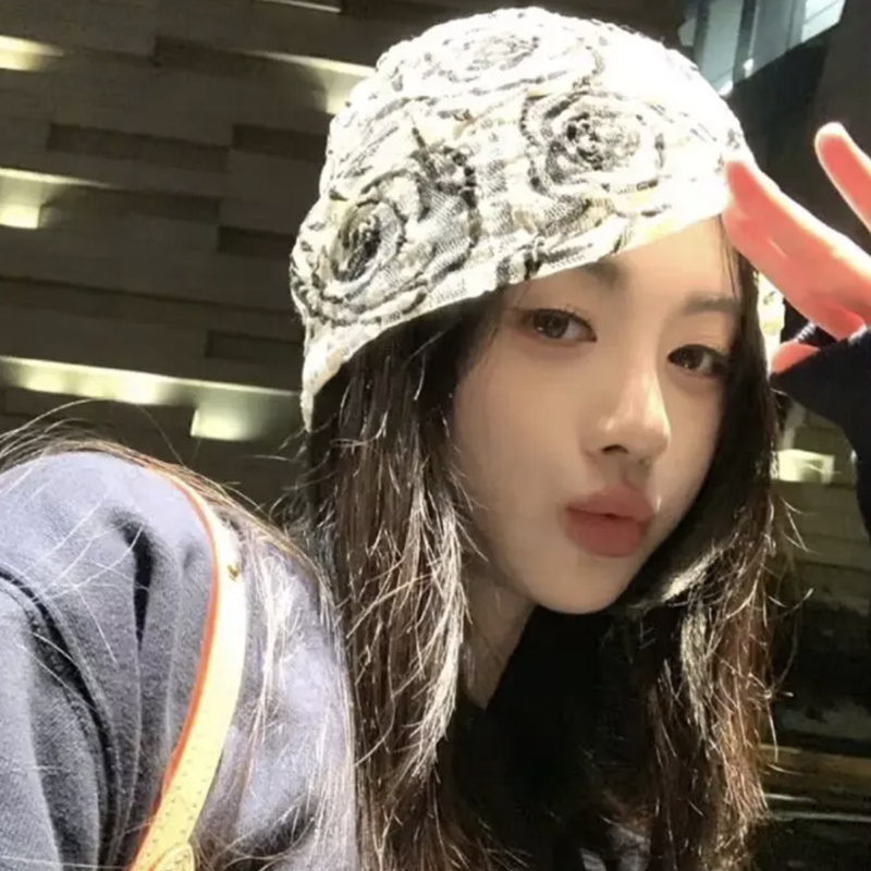 韩国小众鞠婧祎林小宅同款日系复古柔软包头帽玫瑰蕾丝花朵套头帽