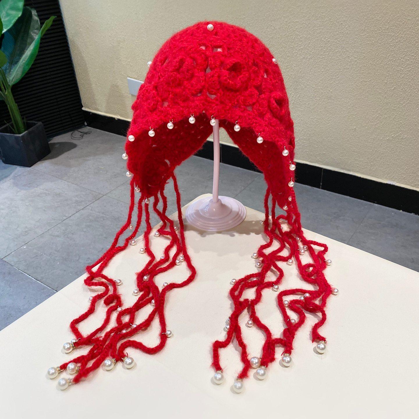 女生秋冬季镂空手工钩花流苏珍珠包头帽子保暖护耳针织套头帽毛线