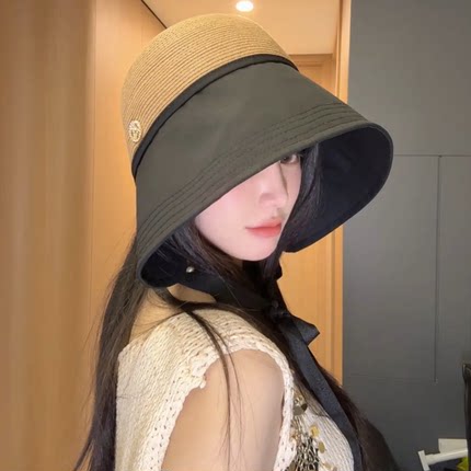 草编拼接布渔夫帽女夏天遮阳防晒出游大檐绑带草帽显脸小百搭盆帽