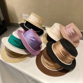 法式 名媛风女士短檐平顶礼帽夏季 优雅气质珍珠米色草帽防晒遮阳帽