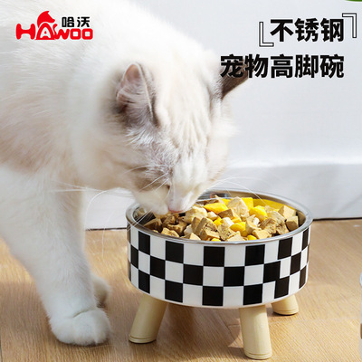 哈沃新品盒装简约波点不锈钢宠物脚碗护颈防滑猫咪碗食具用品