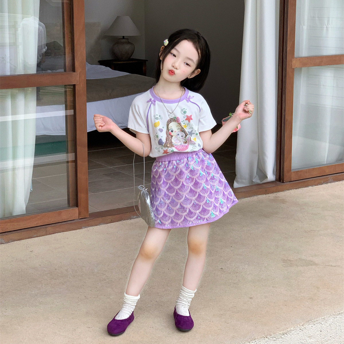 2026夏季新款女童洋气蝴蝶结卡通美人鱼短袖T恤+亮片半身裙两件套