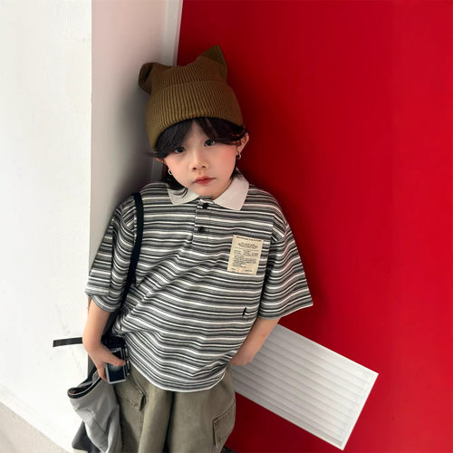 夏季韩系男童条纹撞色POLO衫