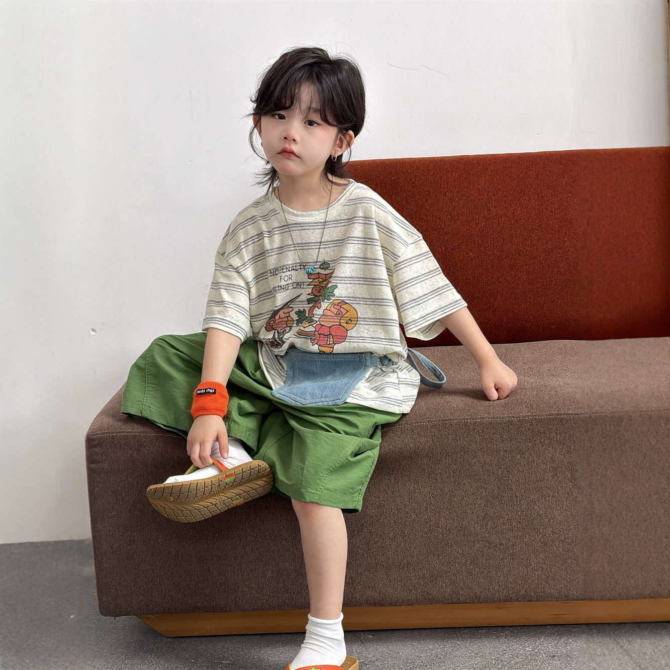 童装夏季新套装 儿童条纹卡通印花短袖 男女童韩版阔腿中裤两件套