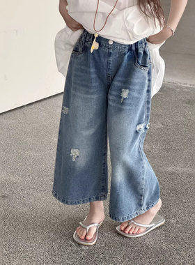 女童夏季破洞宽松牛仔九分裤