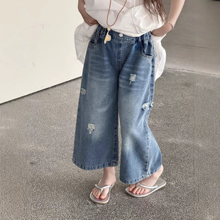 2026女童夏季新款童裤韩版破洞牛仔裤 儿童做旧宽松牛仔九分裤