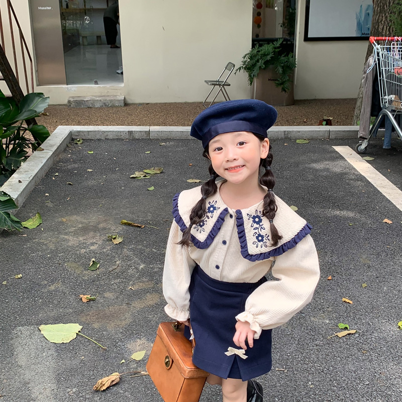 2024春秋新款女童条绒绣花衬衫灯芯绒衬衣韩版儿童藏青半身裙套装