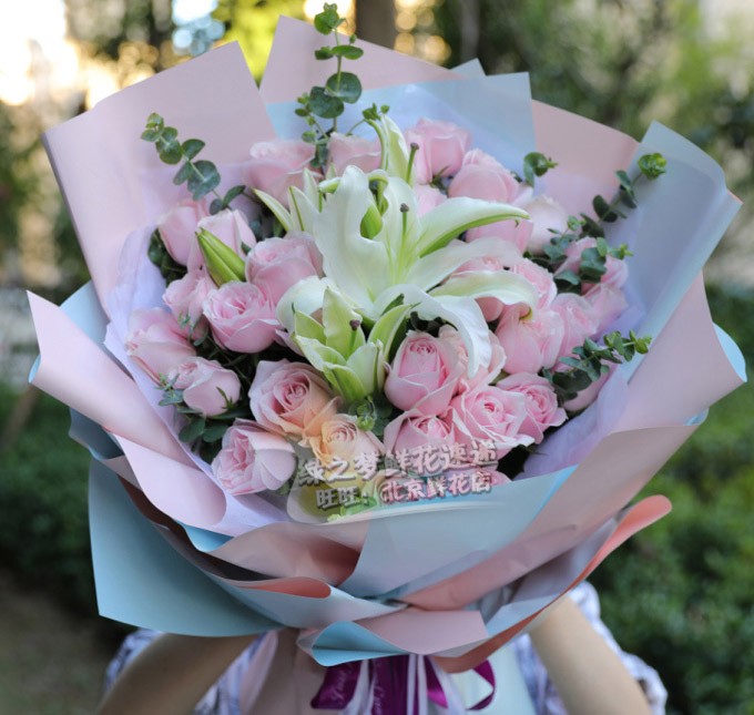 北京同城鲜花速递 石家庄送花 老婆女友生日送花粉玫瑰百合花混搭
