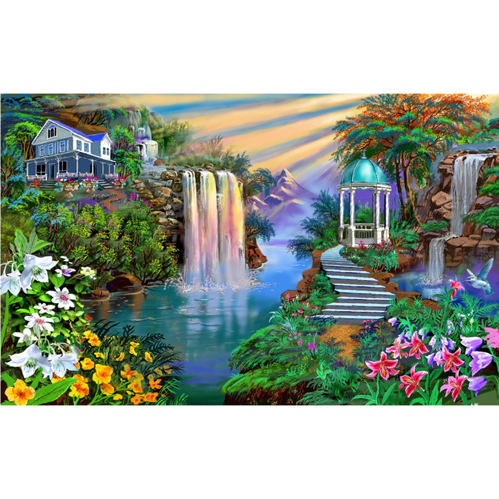 乡间小屋钻石画2021新款山水风景满钻手工贴点粘砖十字绣瀑布别墅