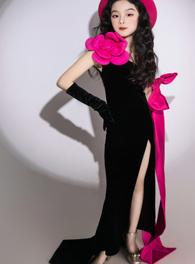 儿童多巴胺T台走秀礼服斜肩PK表演模特演出服法式浪漫拖尾长裙