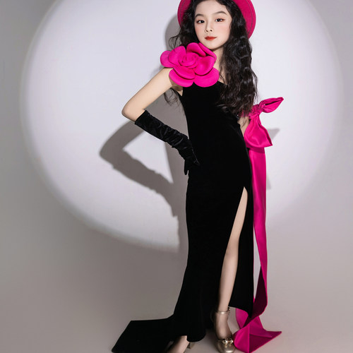 女童模特走秀服黑色拖尾长裙