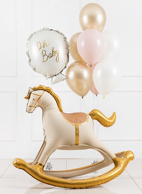 金色摇摇马木马OhBaby铝膜气球套装生日派对装饰布置用品宝宝宴