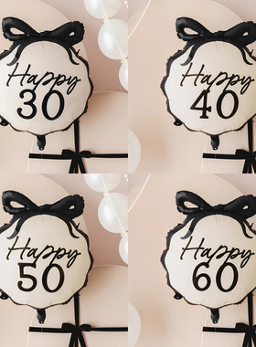 30/40/50/60数字铝箔气球生日圆形布置道具黑色蝴蝶结装扮进口INS