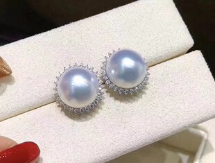18K金镶南非高品质钻石9～10mm天然澳白海水珍珠耳钉耳饰真金真钻