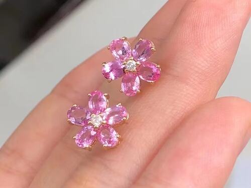 18K金女镶南非高品质钻石2.1克拉天然粉蓝宝石耳钉真金真钻送证书