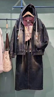 剪吊牌 半身裙2件套L 正品 柚丁复古做旧牛仔外套