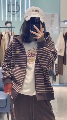 正品柚丁条纹连帽加绒宽松卫衣外套L胸围136 衣长66 剪吊牌秋冬款