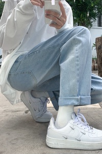 N68-P40 新款港风纯色休闲牛仔裤宽松直筒百搭裤子蓝色牛仔裤图片