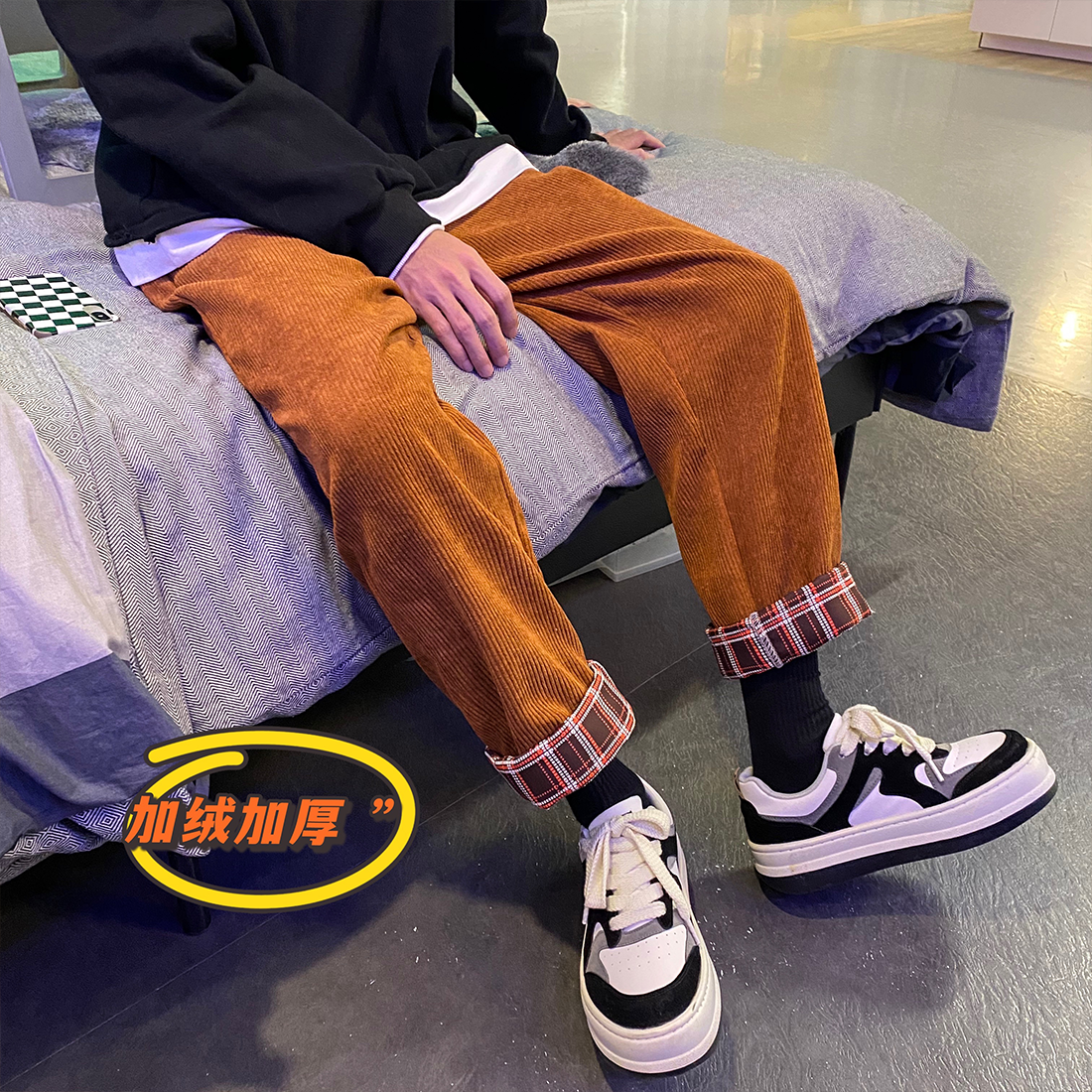 K32-p50加绒p60  秋冬加绒加厚灯芯绒休闲裤男士宽松直筒裤图片