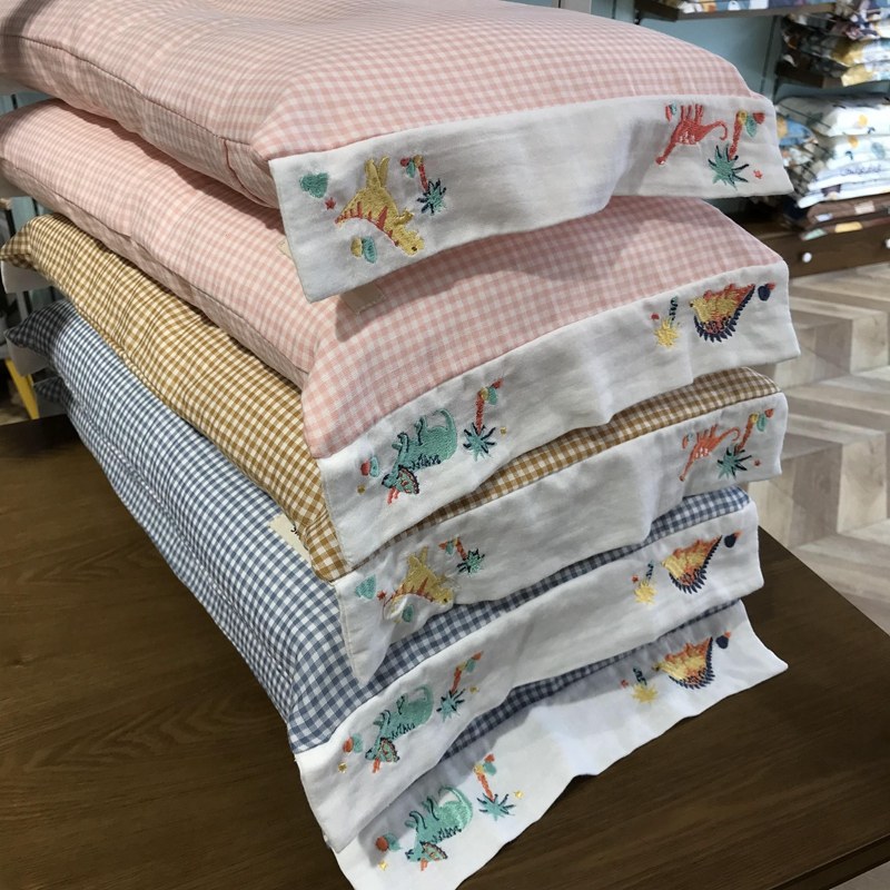 韩式儿童卡通刺绣全棉双层纱枕套 小清新格子纱布30x50枕头芯套,床上用品,枕套,淘宝优惠券,粉丝福利购,淘宝优惠卷
