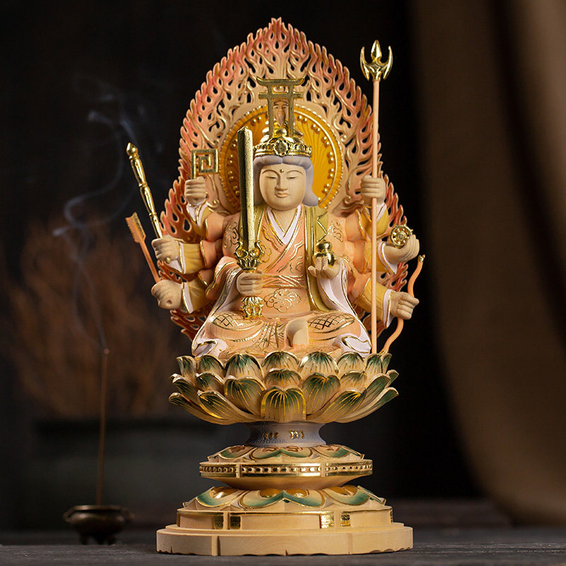 修明堂吉祥物摆件桧木雕淡彩八臂边裁天辩才天佛像礼物工艺品摆件