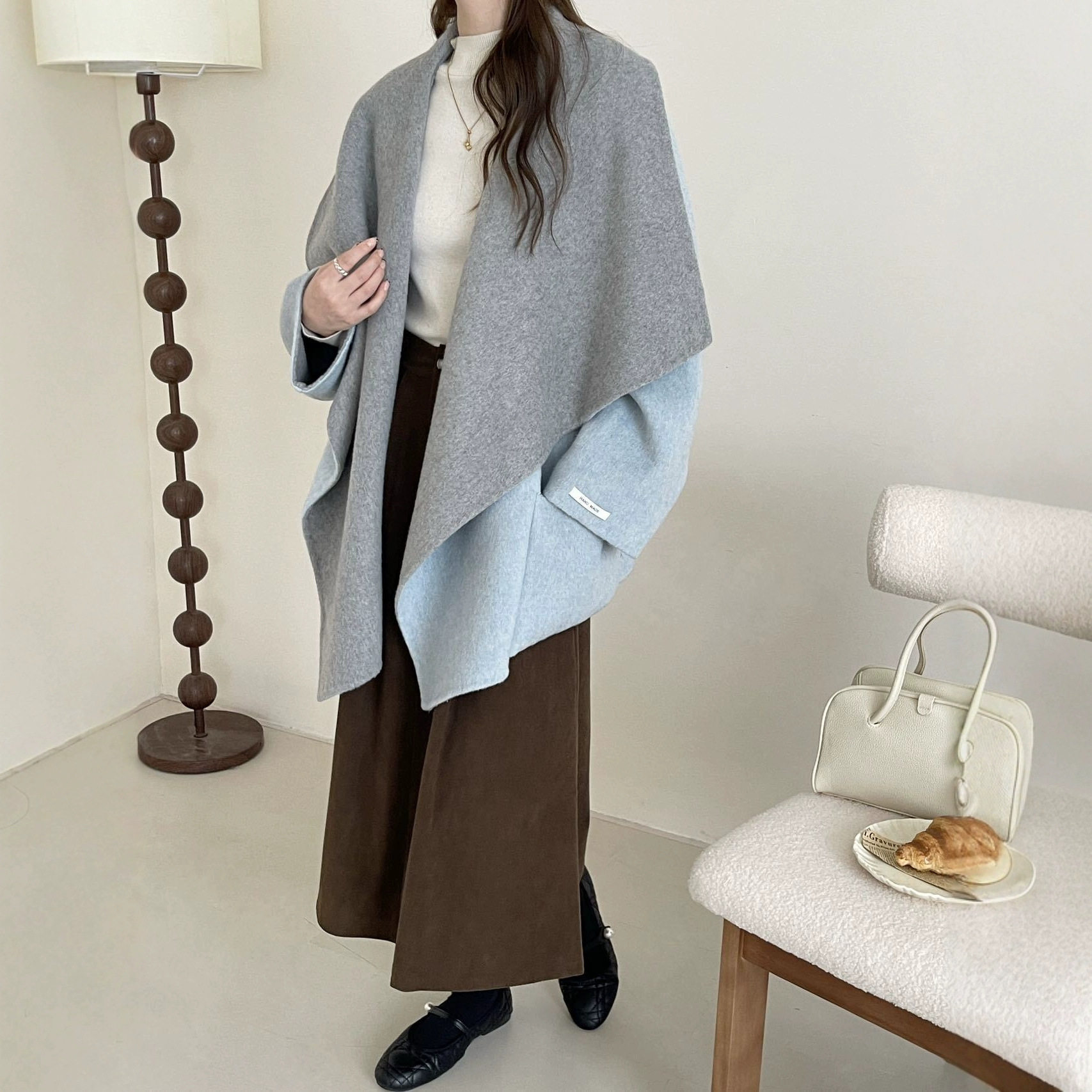 双色披肩翻领无扣落肩袖中长款浴袍款双面羊毛大衣毛呢外套女秋冬