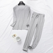 收口束脚长裤 男士 V领休闲睡衣纯色莫代尔简约可外穿打底长袖 家居