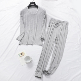 男士V领休闲睡衣纯色莫代尔简约可外穿打底长袖收口束脚长裤家居
