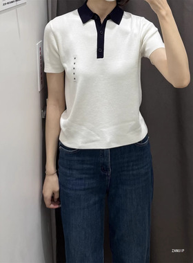 26新款日单女装棉莫代尔混纺POLO领拼色针织衫/短袖毛衣485224