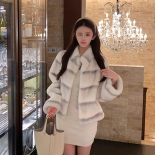 韩系仿獭兔毛毛双色渐变手工渲染感宽松外套女短款立领冬仿皮草