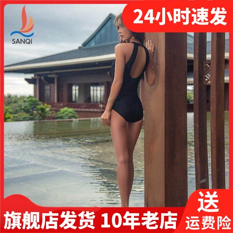 三奇泳衣女性感露背连体显瘦遮肚韩国泡温泉小胸聚拢黑白色游泳装