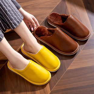 男鞋 防滑防水牛皮厚底老人居家冬款 女冬 家用室内保暖棉鞋 真皮拖鞋