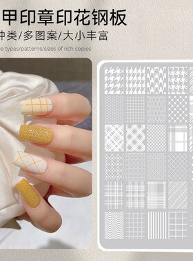 美甲印花钢板棋盘格纹法式蕾丝转印图案模板透明硅胶印章指甲工具