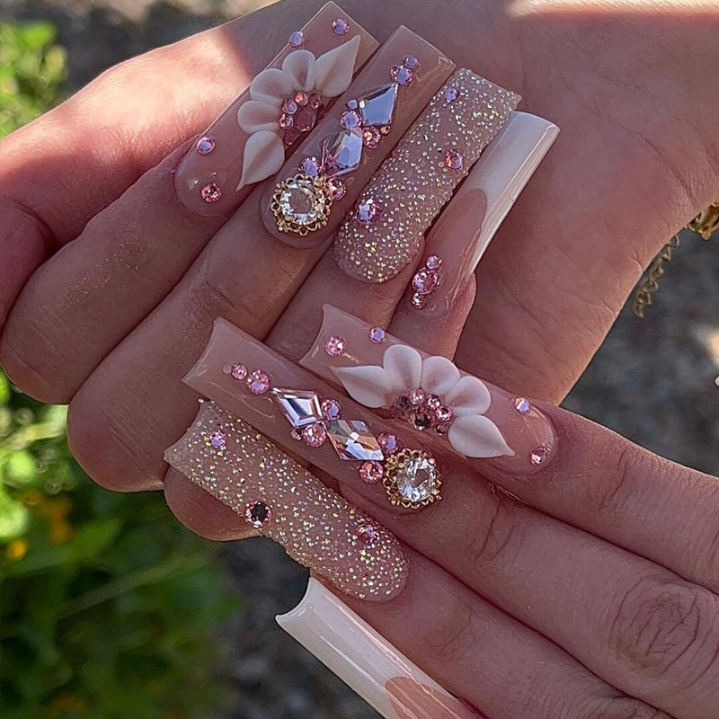 美甲穿戴甲长款爆闪彩钻蝴蝶结欧美假指甲贴片False Nail甲片