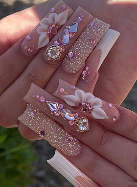 美甲穿戴甲长款爆闪彩钻蝴蝶结欧美假指甲贴片False Nail甲片