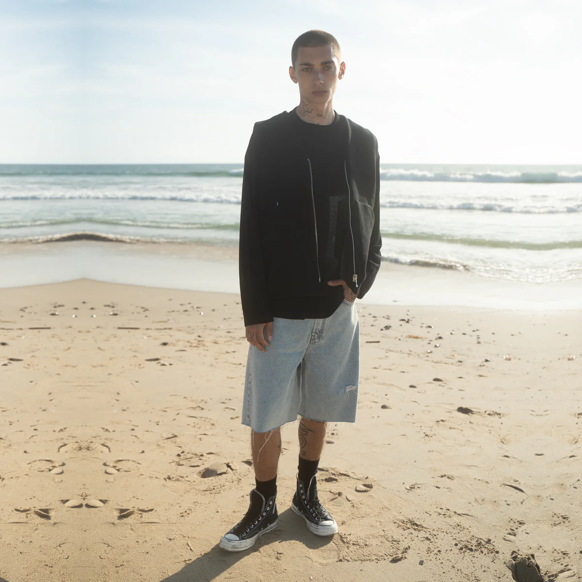 ASKYURSELF V15新款高街基础破洞做旧宽松浅蓝水洗牛仔短裤中裤