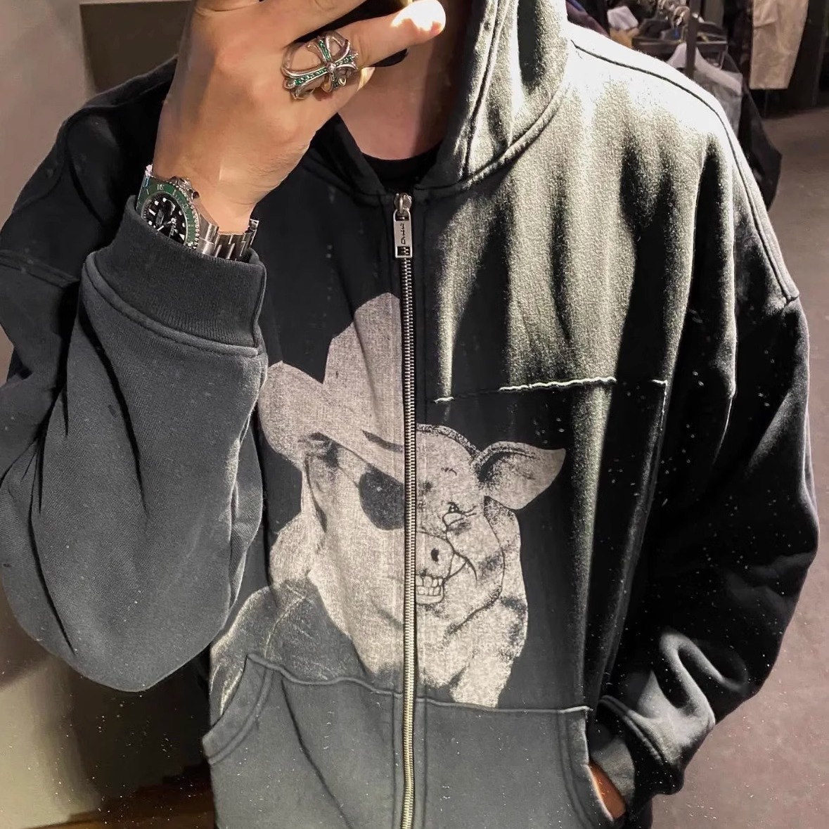 忧郁的富二代ERD猪面人水洗做旧廓形高街拼接拉链带帽卫衣外套