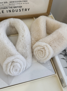 獭兔毛双面整皮皮草围巾韩版吸扣时尚女式气质花朵冬季保暖围脖