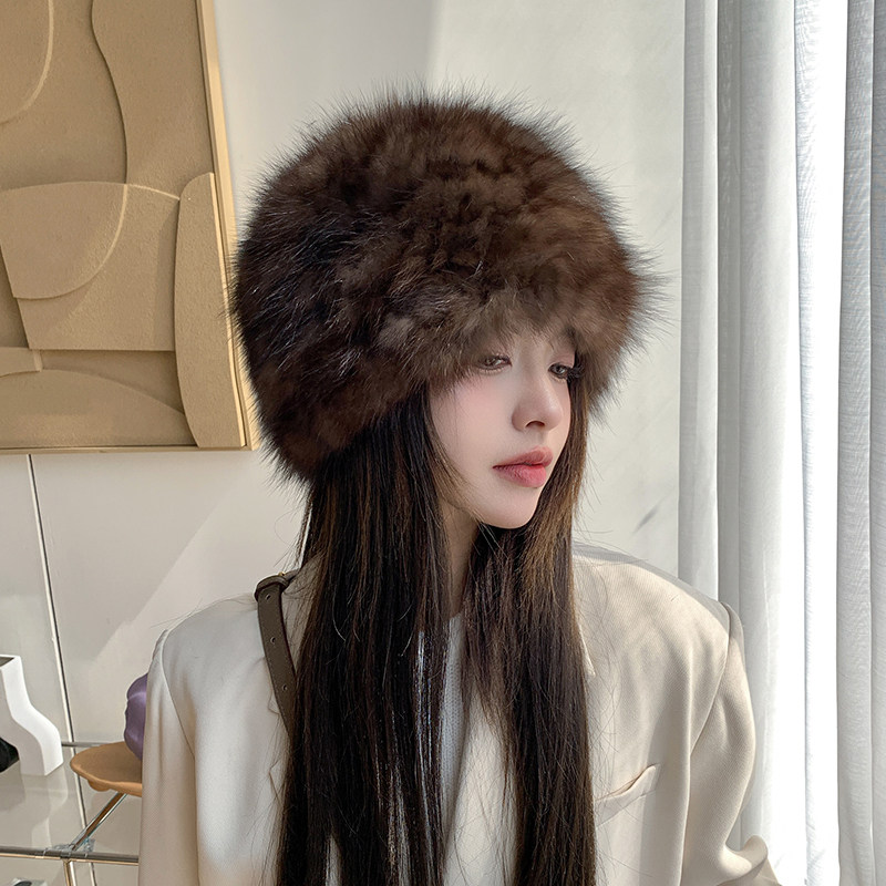 简约紫貂毛编织皮草帽子 弹力包头护耳女帽 双面真毛水貂毛帽子冬