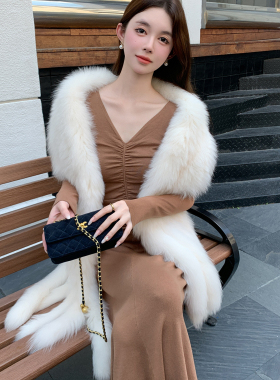韩版奶油色狐狸毛流苏披肩大围巾真毛保暖九尾狐皮草大毛领坎肩