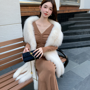 韩版奶油色狐狸毛流苏披肩大围巾真毛保暖九尾狐皮草大毛领坎肩