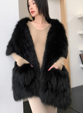 气质款冬季皮草狐狸毛大披肩万能百搭黑柔软保暖真晚宴披肩大围巾
