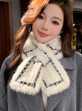 新款小香风水貂毛双面编织围巾粗呢格子毛绒韩版真毛保暖皮草围巾