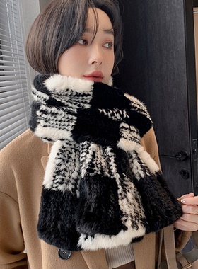 高端订制进口丹麦水貂黑白格子时髦经典皮草编织双面围脖围巾披肩