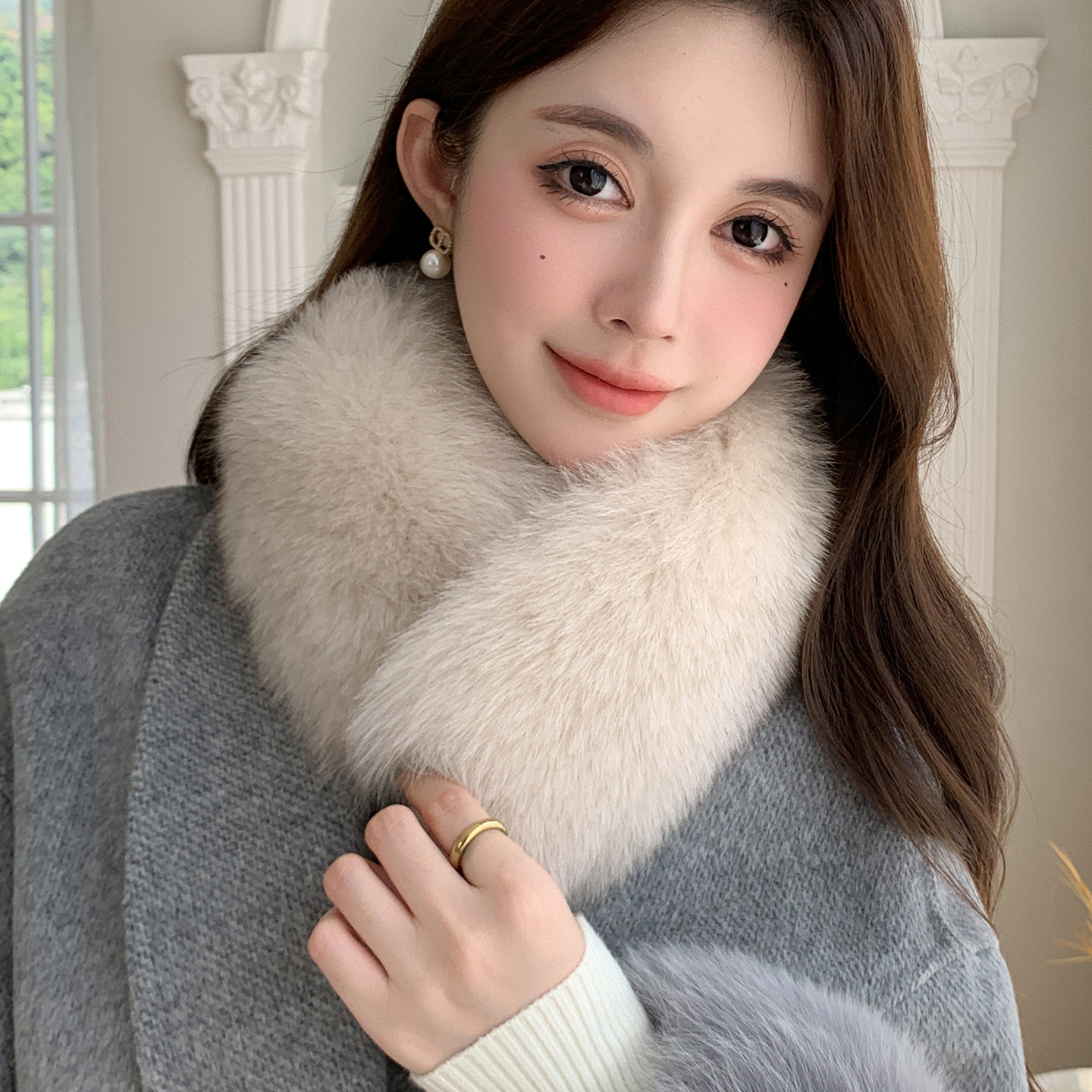 张元英双面毛狐狸毛围巾女獭兔毛内衬冬季韩版百搭皮草围脖真毛领