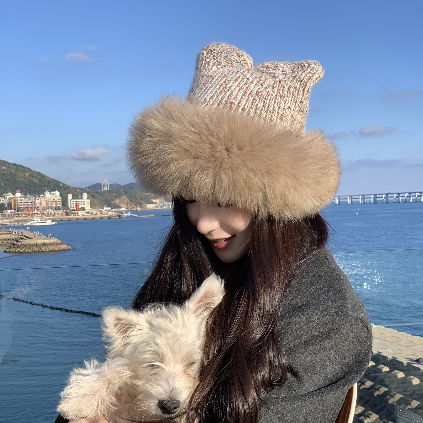 狐狸毛兔毛混纺针织猫耳朵皮草帽子女冬护耳防寒保暖帽韩版显脸小