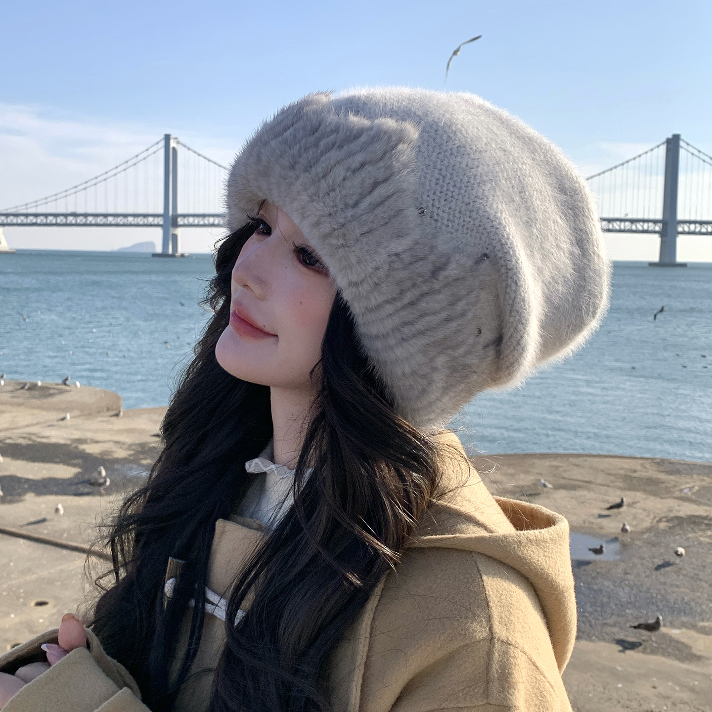 新款波浪纹帽檐水貂帽