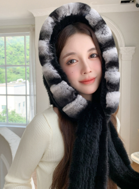 水貂毛皮草时尚大牌帽子双面围巾一体风雪帽女冬季獭兔毛保暖连帽